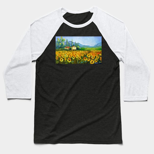 Ranch and field of sunflowers Baseball T-Shirt by OLHADARCHUKART